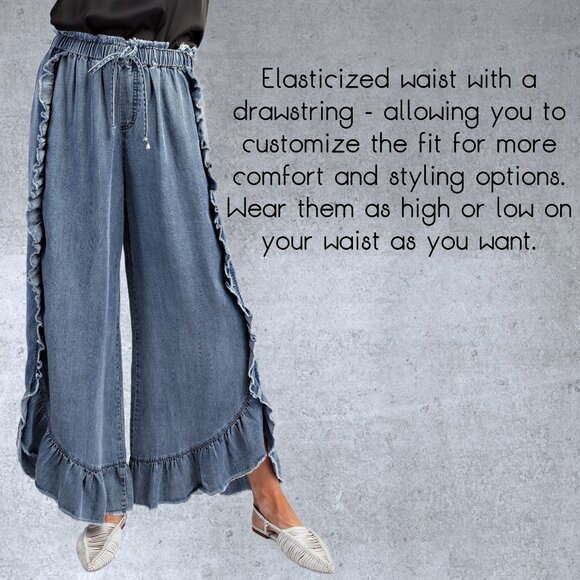 EASEL RESTOCKED! Raw Ruffle Trim Pants Elastic & Drawstring Waist & Scooped Hem - Picture 2 of 15